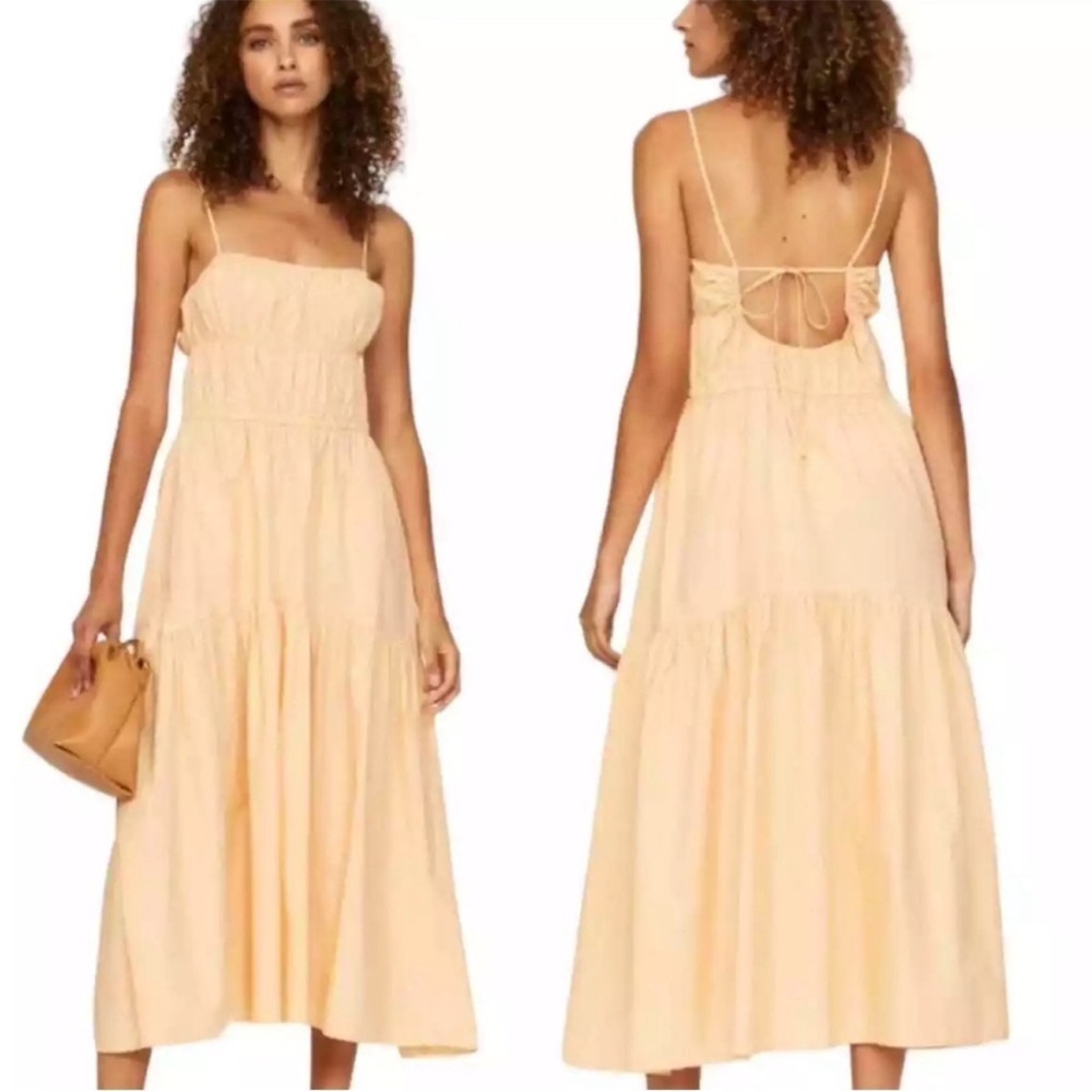 Vince Ruched Sleeveless Peasant Cotton Hemp Midi Cami Dress Orange Peach Large